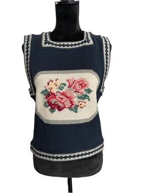 Vintage Herman Geist Navy Floral Intarsia Sleeveless Sweater Vest